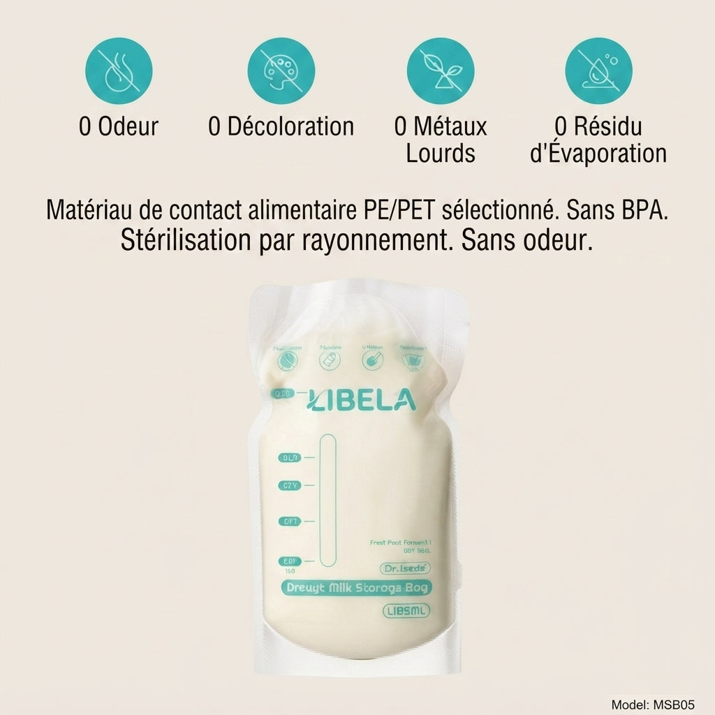 LIBELA - Lot de 100 Sachets de Conservation pour Lait Maternel | Double Fermeture Hermétique Anti-Fuite, Sans BPA, Gradués & Autoportants