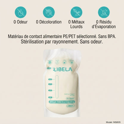 LIBELA - Lot de 100 Sachets de Conservation pour Lait Maternel | Double Fermeture Hermétique Anti-Fuite, Sans BPA, Gradués & Autoportants