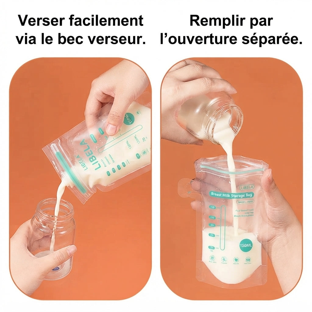 LIBELA - Lot de 100 Sachets de Conservation pour Lait Maternel | Double Fermeture Hermétique Anti-Fuite, Sans BPA, Gradués & Autoportants