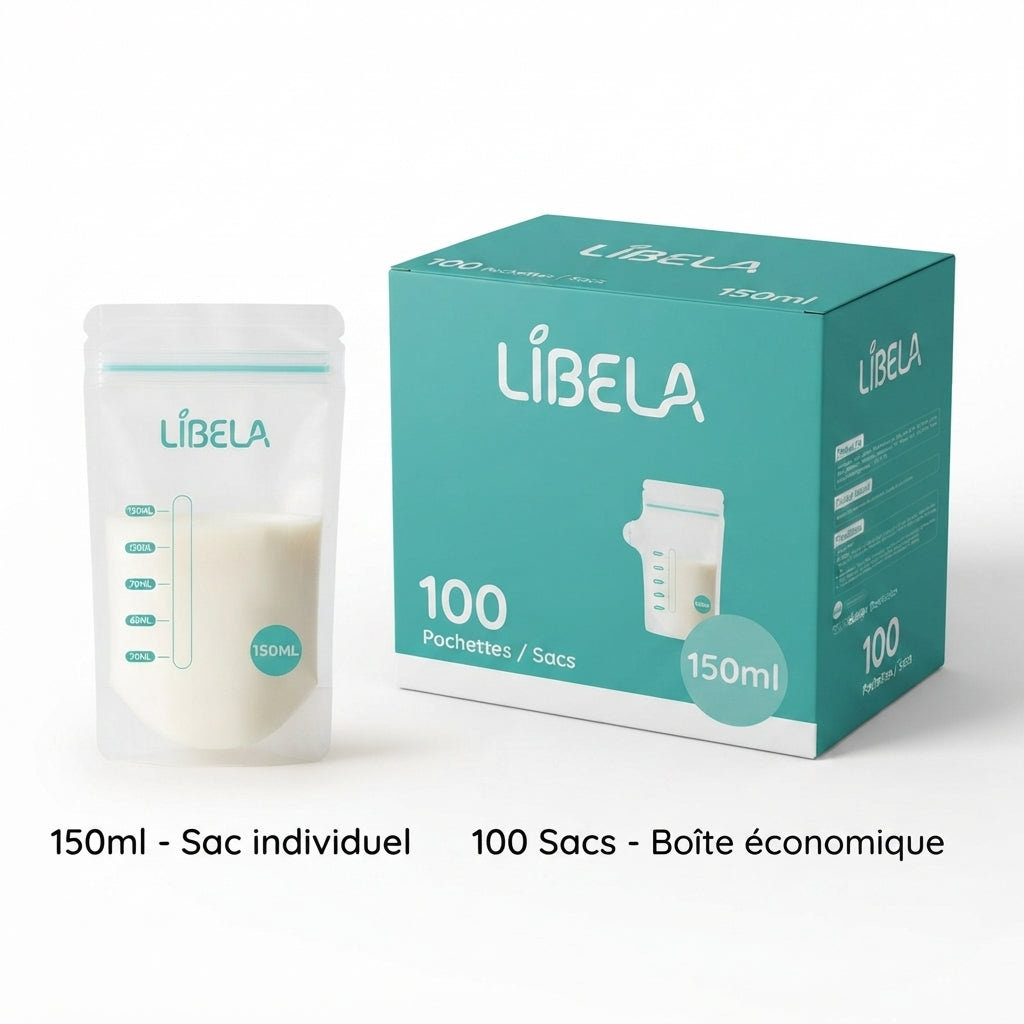 LIBELA - Lot de 100 Sachets de Conservation pour Lait Maternel | Double Fermeture Hermétique Anti-Fuite, Sans BPA, Gradués & Autoportants