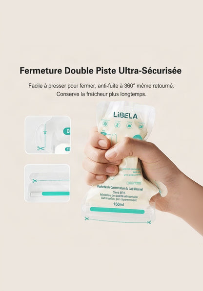 LIBELA - Lot de 100 Sachets de Conservation pour Lait Maternel | Double Fermeture Hermétique Anti-Fuite, Sans BPA, Gradués & Autoportants
