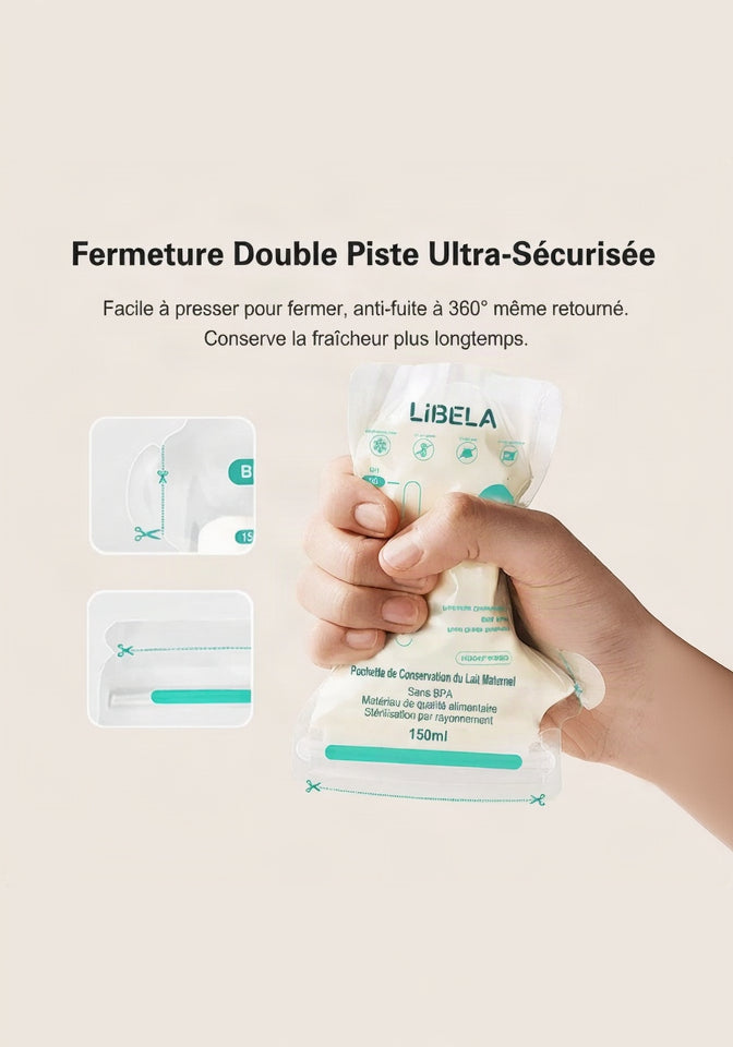 LIBELA - Lot de 100 Sachets de Conservation pour Lait Maternel | Double Fermeture Hermétique Anti-Fuite, Sans BPA, Gradués & Autoportants